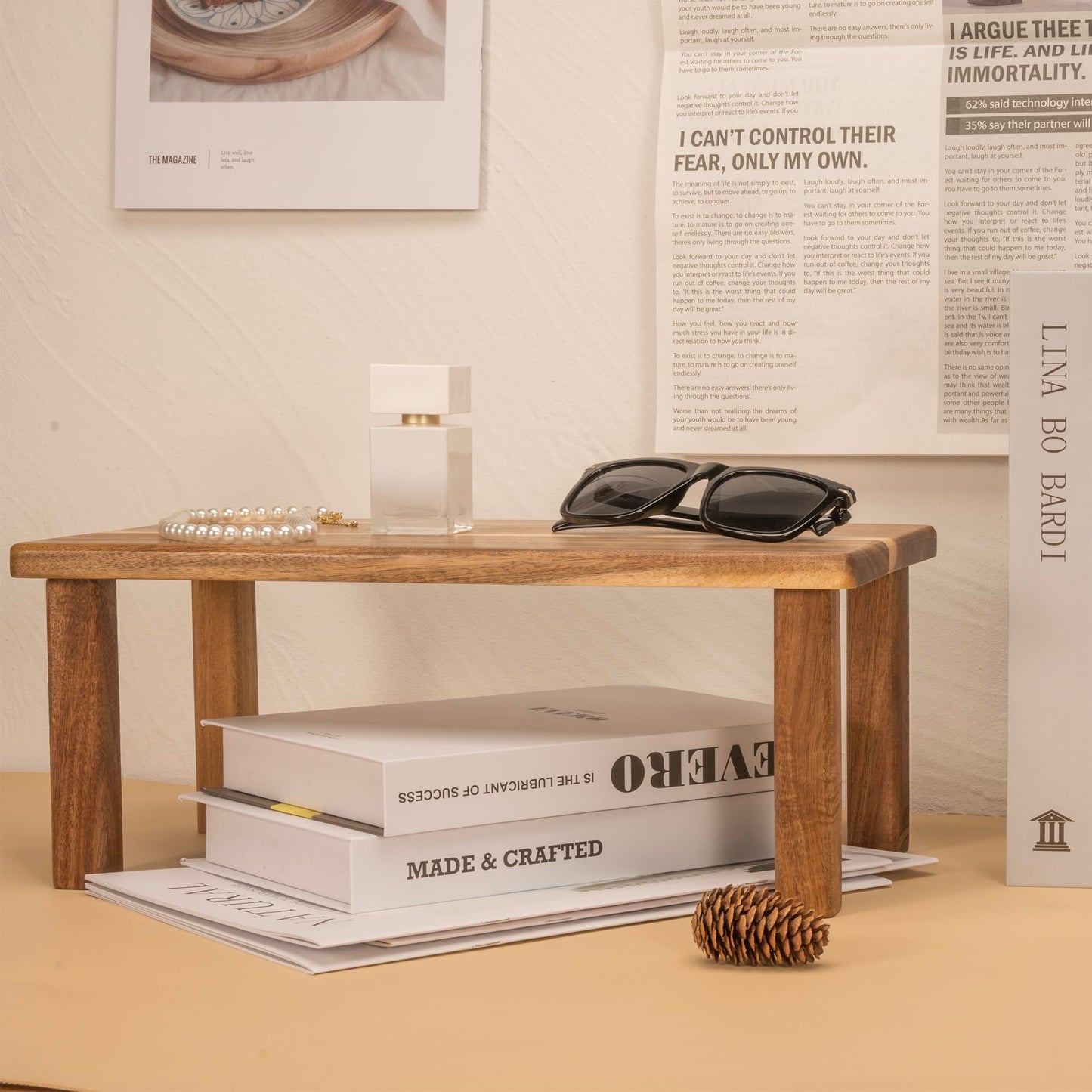 RiLiKar Acacia Wooden Desktop Organizer Shelf Kitchen Cabinet and Counter Riser Display Shelf for Top of Desk Home Office Bathroom Coffee Table Display Stand