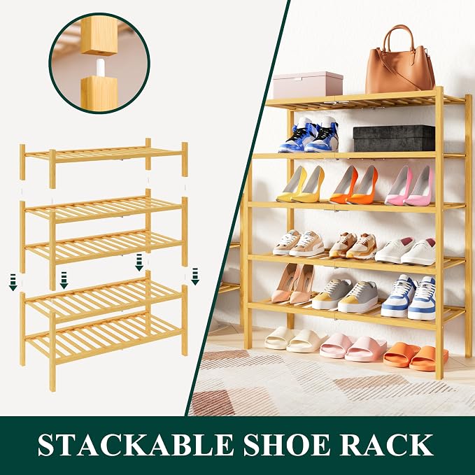 Smiry Bamboo Shoe Rack, 2 Tier Free Standing Wooden Shoe Organizer, Stackable Wood Shoe Storage Shelf for Closet, Entryway, 14 Vertical Slats, One-piece Heavy-Duty Legs, 26.8"x11"x13", Natural