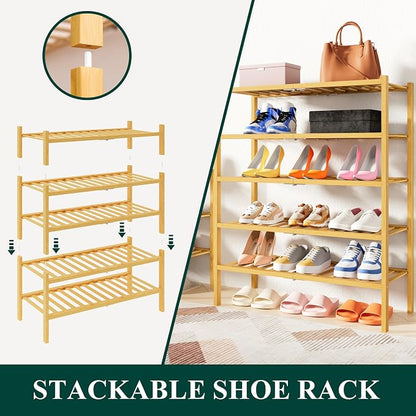 Smiry Bamboo Shoe Rack, 2 Tier Free Standing Wooden Shoe Organizer, Stackable Wood Shoe Storage Shelf for Closet, Entryway, 14 Vertical Slats, One-piece Heavy-Duty Legs, 26.8"x11"x13", Natural