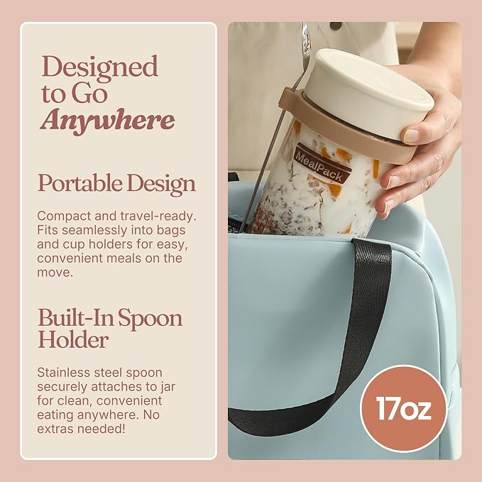 Overnight Oats Containers with Lids and Spoons – 17oz Glass Jars for Yogurt, Chia Pudding & Meal Prep – Leakproof Airtight Mason Jar Set – Portable Breakfast Food Storage with Cleaning Brush