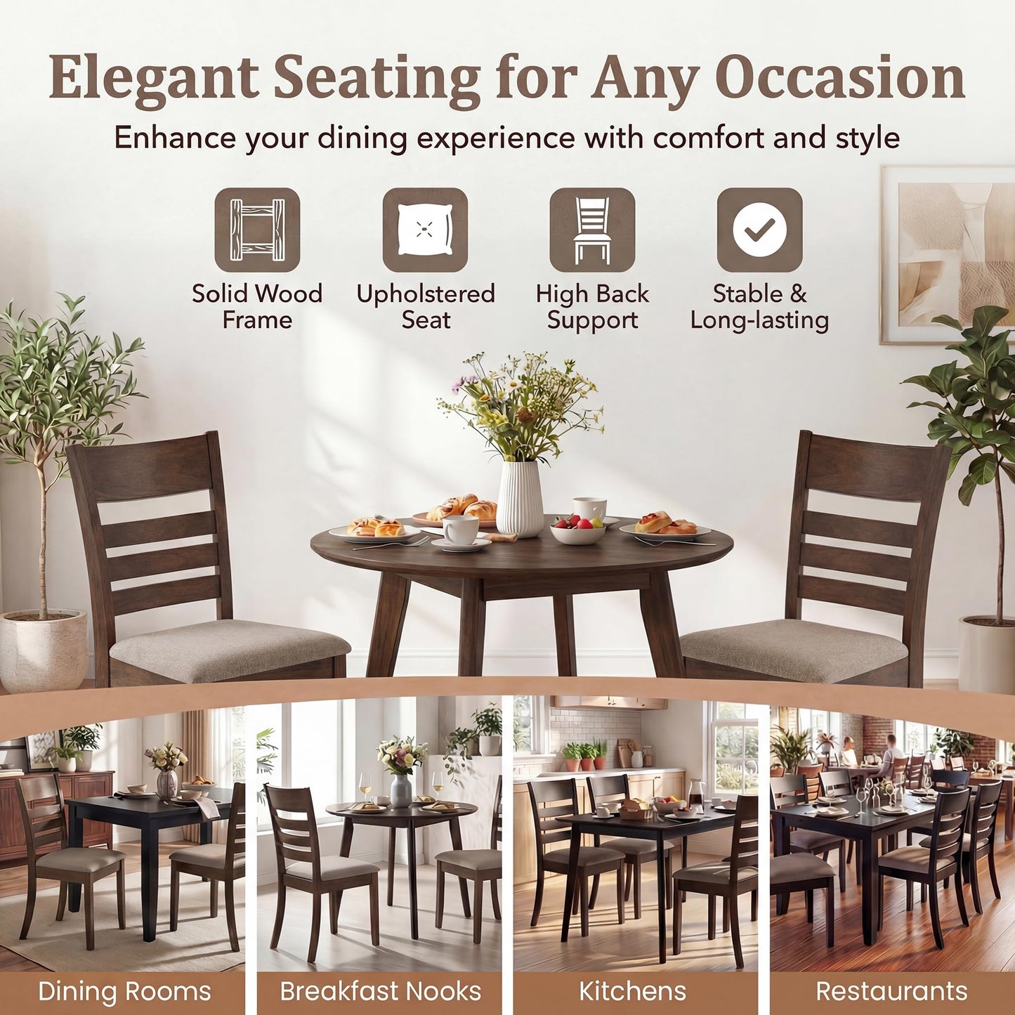 COSTWAY Wooden Dining Chairs Set of 2, Solid Rubberwood Frame Kitchen Side Chairs w/Upholstered Padded Seat & High Slat Back, Mid-Century Modern Dining Chair for Dining Room Kitchen (Light Brown)