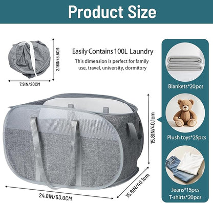 100L Collapsible Laundry Baskets, Tear Proof Pop Up Laundry Hamper