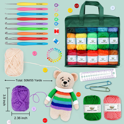 INSCRAFT Crochet Yarn Kit for Beginners Adults and Kids, Includes 1650 Yards 30 Colors Acrylic Skeins, User Manual, Hooks, Dark Grass Bag etc, Make Amigurumi & Projects, Starter Set for Professionals