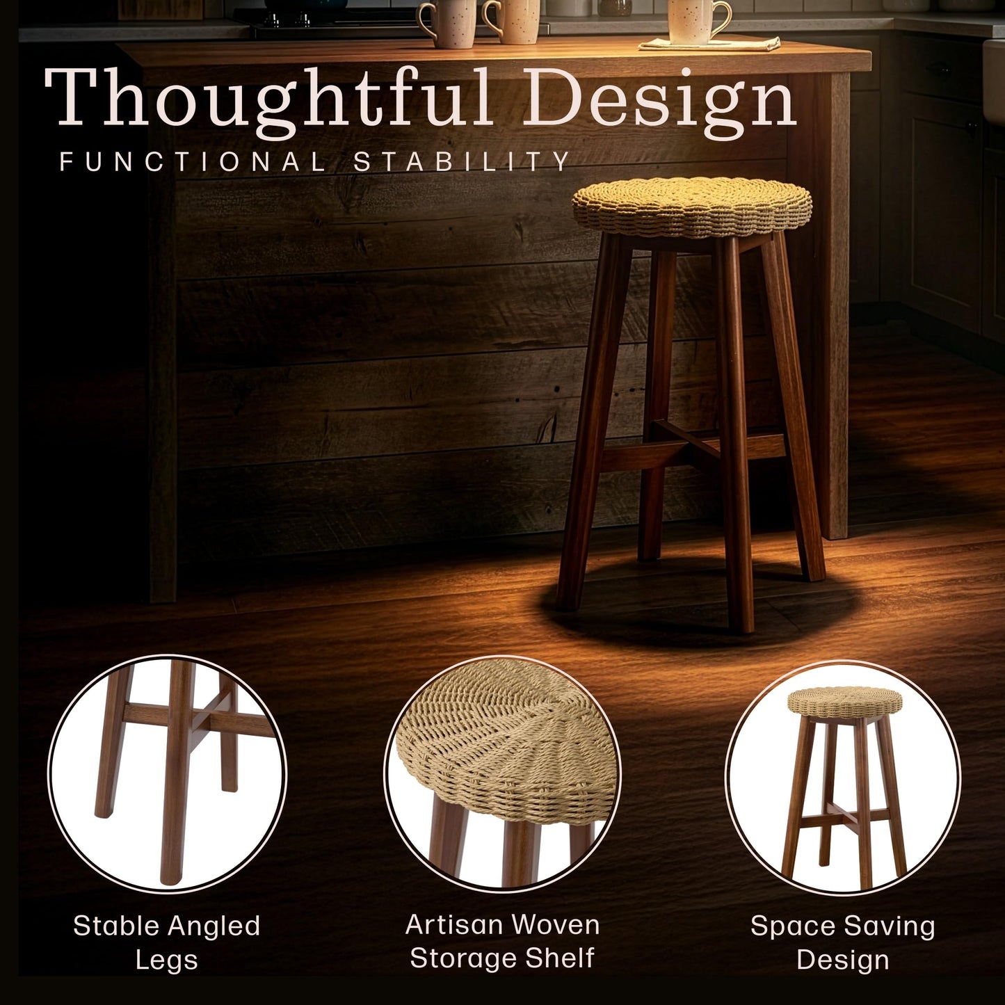 Alaterre Furniture Calais Round Bar Stool with Woven Seat - 24in Counter Height Bar Stools Backless for Kitchen, Bar or Dining Room - Wooden Barstool (Chestnut Finish)