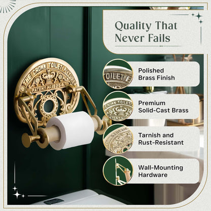 Bright Brass Wall Mount Toilet Paper Holder 7.25" Wide Vintage Crown Style Solid Brass Easy Install Toilet Tissue Paper Holders with Wooden Roll for Bathroom | Renovators Supply Manufacturing