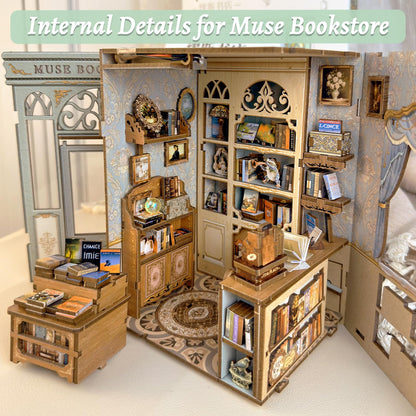 Fsolis Book Nook Kit - DIY Miniature House Kit Bookshelf 3D Wooden Puzzles for Adults Beginners Tiny House Mini Booknook Bookshop Gifts for Women Book Lovers (Muse Bookstore)