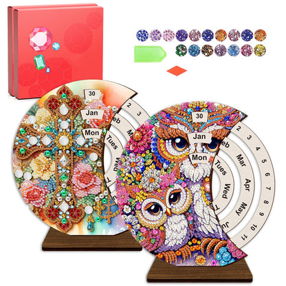 CharySim Diamond Art Calendar Kits for Adults Diamond Gem Art Kit Paint By Dots Kits Rhinestone Craft Kit for Women Birthday Gift DIY Bedazzling Art Desktop Stand (Owl&Cross 2)