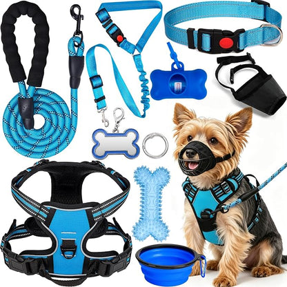 No Pull Dog Harness Adjustable Collar & Leash Set - Dog Halter Harnesses Collapsible Bowls & Poop Bag Dispenser Muzzle ID Tags Toys Fits Small Medium Large Dogs (Blue-S)