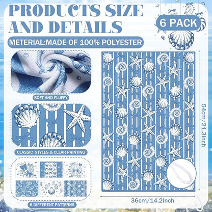 Breling Set of 6 Coastal Beach Kitchen Towels Blue Bow Dish Towel Bathroom