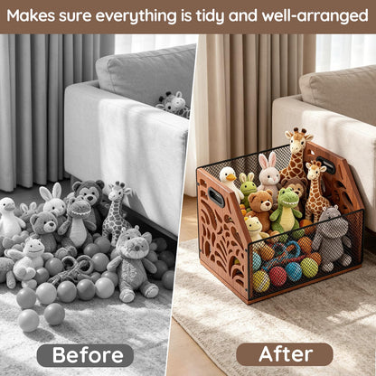 AHUONEL Dog Toy Basket, Chew-Proof Dog Toy Box, Wooden & Metal Pet Toy Storage Organizer, Spacious Toy Storage Bin for Pet Toys, Treats & Home Supplies, Toy Box for Living Room
