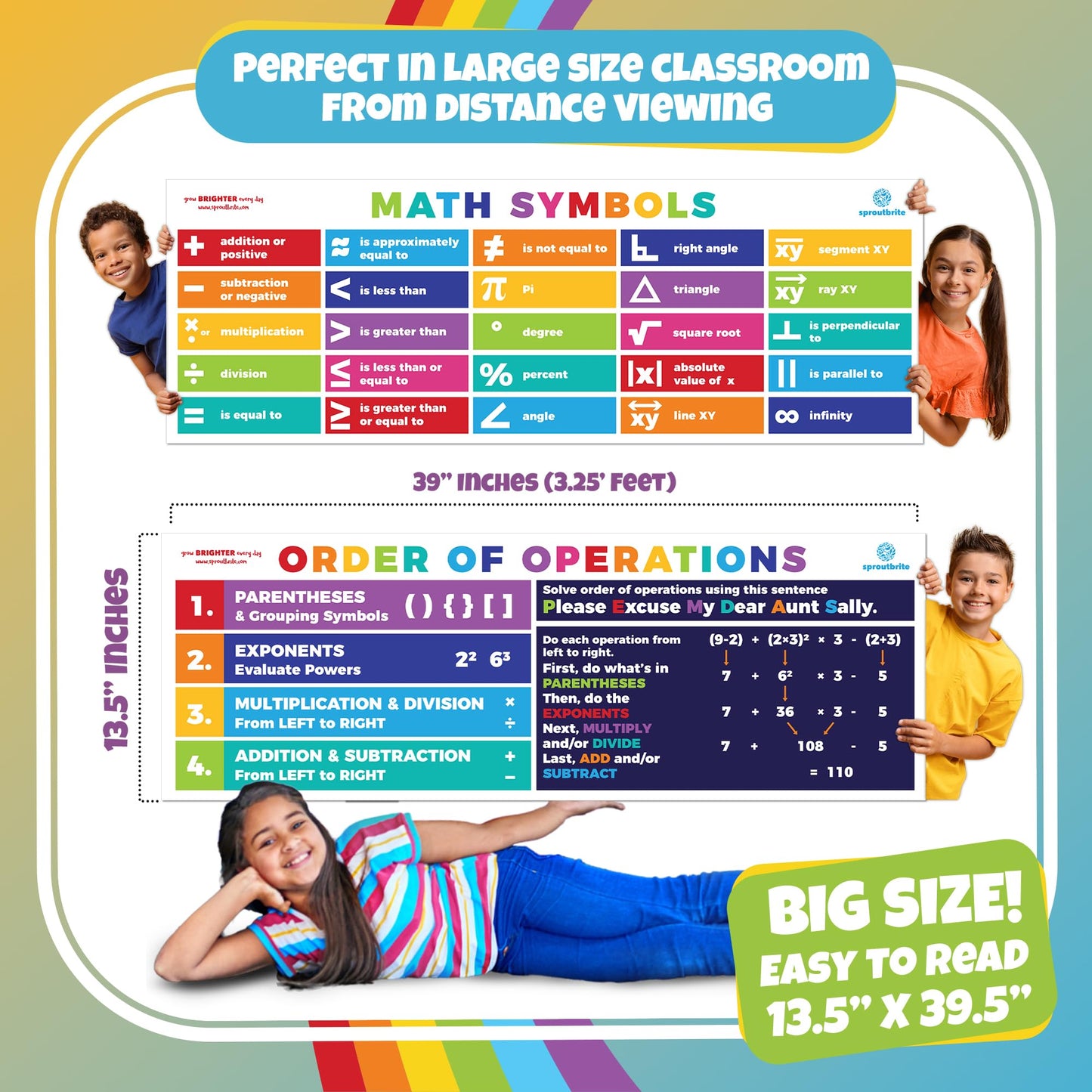 Sproutbrite 2 Pack (13.5"x39") Count Educational Math Posters for Classroom - PEMDAS Large Math Posters for Middle School Math Banner for High school - Includes Math Symbols Pi, Angle and Square Root Helping Students Understand Core Mathematical Symbols