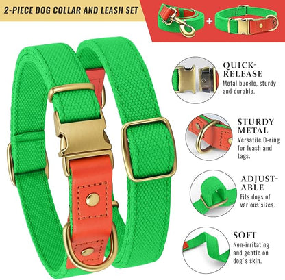 Dog Collar and Leash Set with Metal Quick Release Buckle, Adjustable, Breathable Nylon, Durable, Soft and Comfortable, No Pull for Walking and Training, Fluorescent Green, XL (16.9"-26")