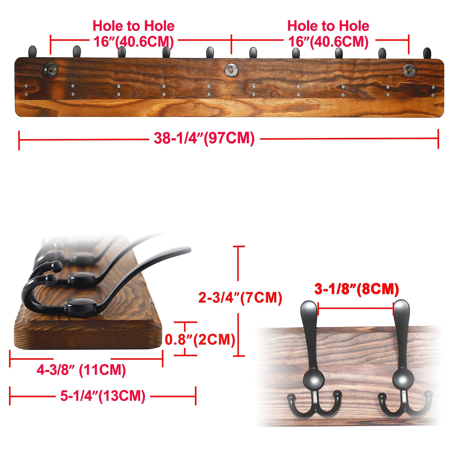 Dseap Coat Rack Wall - Heavy-Duty 38-1/4" Long, with Reinforced 10 Custom Tri-Hooks, Solid Wood Wall Hanger for Coats Hat Jackets - Rustic Farmhouse Entryway Hallway Storage, Natural & Black