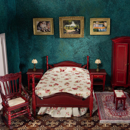 SAMCAMI Miniature Dollhouse Furniture - Victorian Wooden Dollhouse Furniture Set for Dollhouse Bedroom Incl Classical Bed, Bedside Table, Table Lamps (Bedroom Set)
