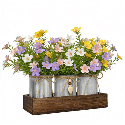 HEMYLU Artificial Gypsophila Baby's Breath, Rustic Table Centerpieces Home Decor for Dining Room, Farmhouse Wood Planter Box with 3 Galvanized Metal Pots Decorative Table Centerpiece