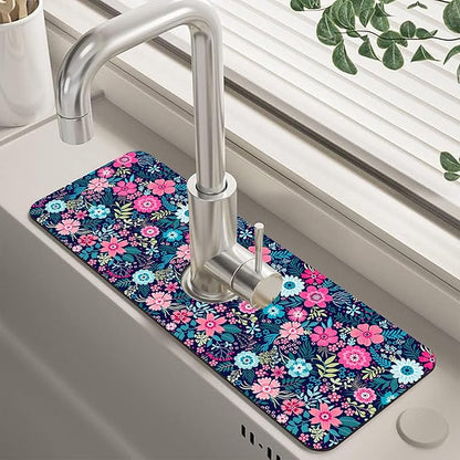 Modern Blue and Pink Floral Sink Faucet Absorbing Mat Sink Splash Guard Faucet