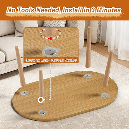 Coffee Table Low Table with Solid Wood Legs, 31.5x19.7" Large Coffee Table Side Table, Floor Table Desk for Sitting on The Floor, Living Room Furniture for Office Apartment Home, Oval Natural