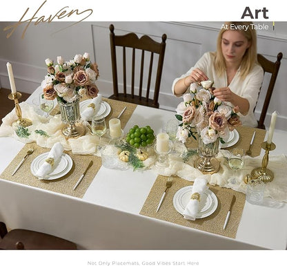 Leetaltree Gold Placemats Set of 12 - Heat Resistant Non-Slip Place mats for Dining Table, Washable Durable PVC Vinyl Woven Table Mats(Luxury Gold, 12)