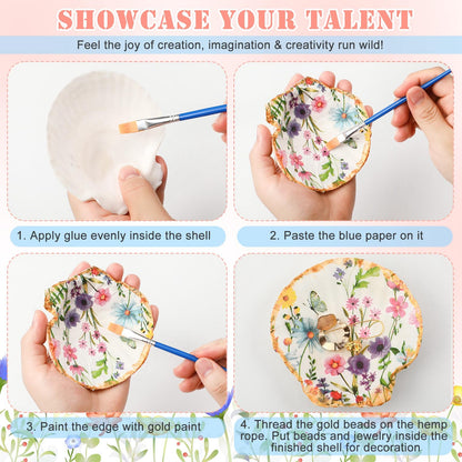 Gilprop 12 Pcs Large Scallop Shells for Shells Crafts 4''-5''with 24 Pcs Spring Wildflowers Decoupage Paper Napkin Acrylic Paint Strips Brushes Gold Bead for DIY Ornament Jewelry Tray