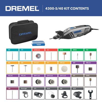 Dremel 4300-5/40 High Performance Rotary Tool Kit with LED Light- 5 Attachments & 40 Accessories - Ideal for Grinding, Cutting, Wood Carving, Sanding, and Engraving