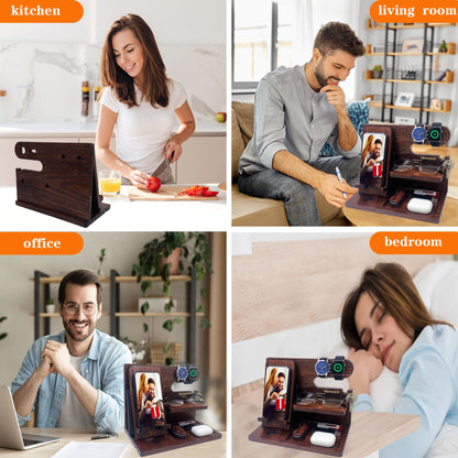 VEIYAILU Gifts for Men Women Brother Boss Boyfriend Him Nightstand Organizer Gifts for Dad from Daughter Son Wood Phone Docking Station (Dark Brown)