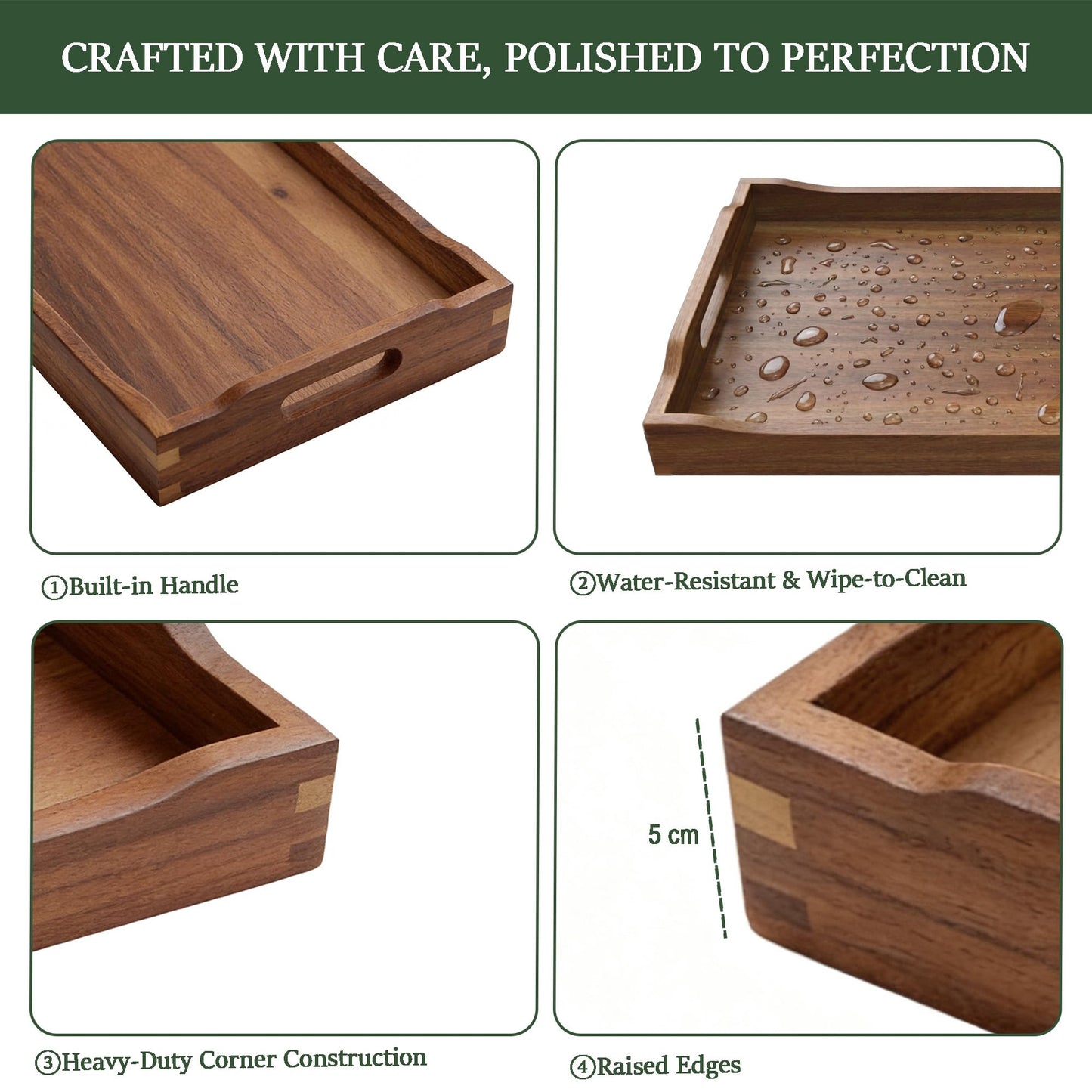 Plusinthebox Acacia Wood Serving Tray with Handles, Rectangular Wooden Ottoman Tray for Coffee Table, Breakfast in Bed, Drinks, Kitchen Countertop and Home Decor
