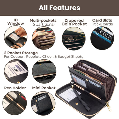 Simplified Cash Envelopes System Budgeting Wallet-NO Envelope & Budget Binder Needed, Multi-pocket Cash Stuffing Wallet, Money Organizer, Expense Tracker Sheets Card Holder, Leather Wallets For Women