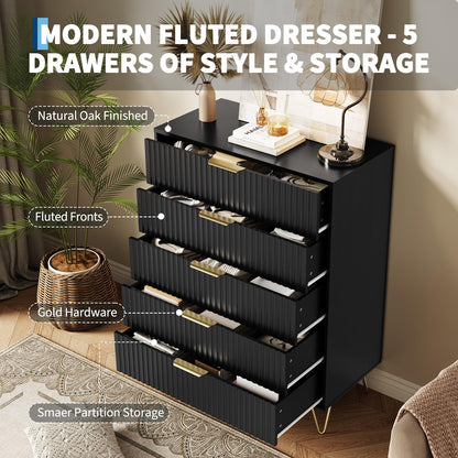 GarveeHome Fluted Dresser for Bedroom with 5 Drawers,32" Wide Modern Chest of Wooden Bedroom Chest with Metal Handle,Clothes Storage Organizer,Dresser & TV Stand for Living Room,Black