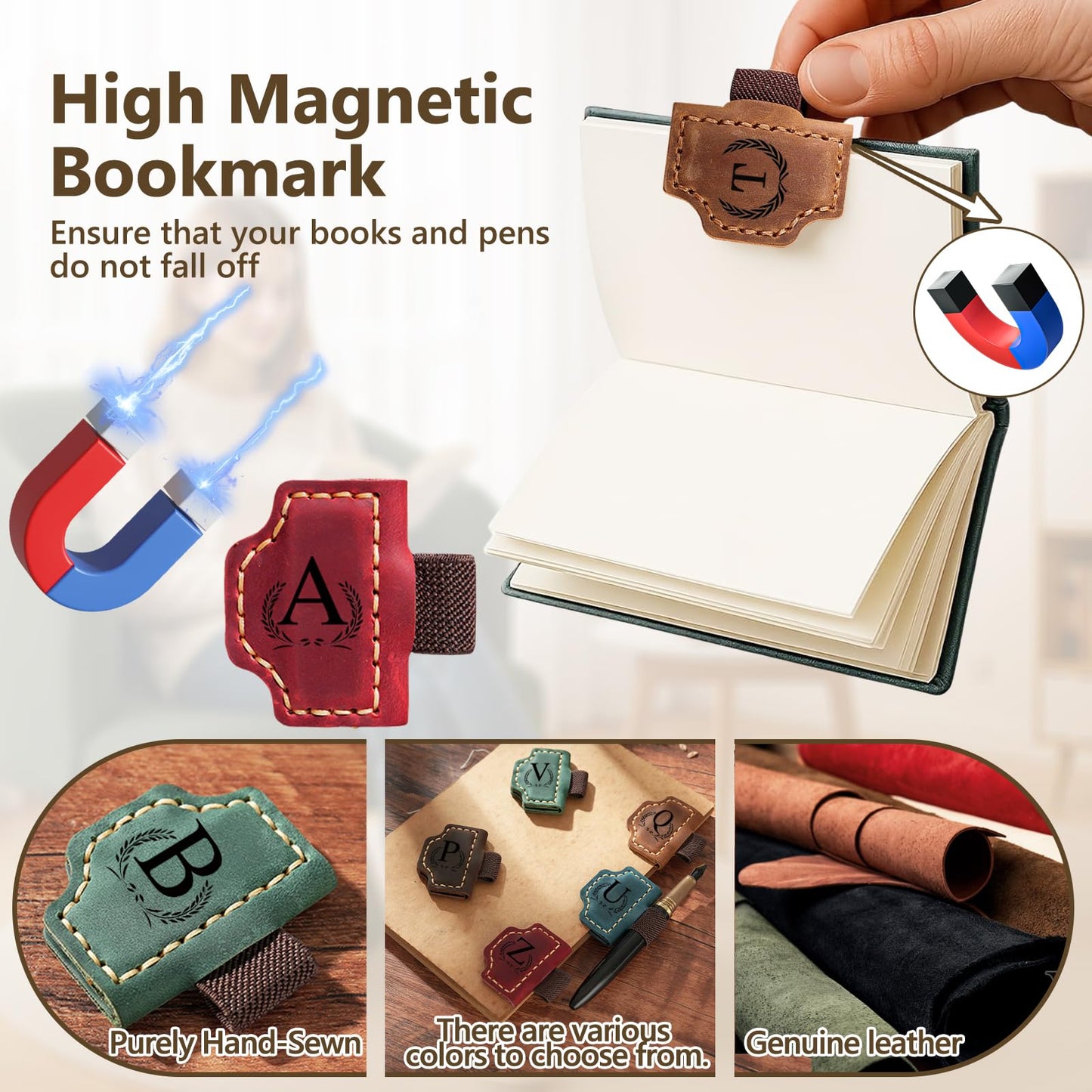 Custom Bygone Mark Bookmark with Pen Holder, 26 Letters Name Initial Personalized Magnetic Leather Bookmark, Gifts for Book Lovers, Readers, Travelers, Leather Book Marks (Wine Red, I)