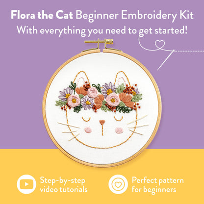 Clever Poppy Flora the Cat Beginner Embroidery Kit – Easy Embroidery Kit for Beginners with Hoop, Thread & Patterns – Hand Embroidery Kit for Adults and Teens – Complete Embroidery Starter Kit