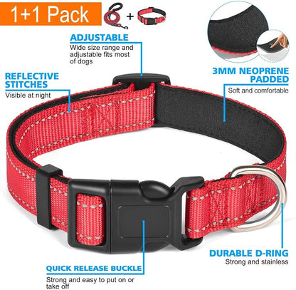 Ladoogo Reflective Dog Collar Padded with Soft Neoprene Breathable Adjustable Nylon Dog Collars for Small Medium Large Dogs (X-Small (Pack of 1), Red Collar+Leash)