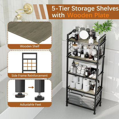GIOTORENT 5-Tier Pantry Shelves with Wooden Boards, Heavy Duty Storage Shelves & Book Shelf, Adjustable Metal Shelving Unit for Kitchen Bathroom Laundry Organizer, Sturdy Rust-Resistant, Black