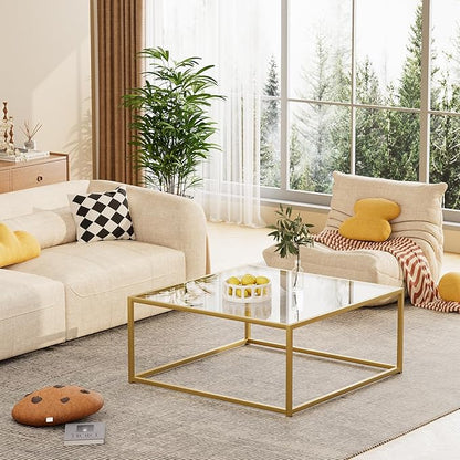 Glass Coffee Table, Small Square Coffee Table for Living Room,Simple Modern Center Tables for Small Spaces, Gold Living Room Tea Tables Easy Assembly,26 * 26in（Gold & Clear Glass）