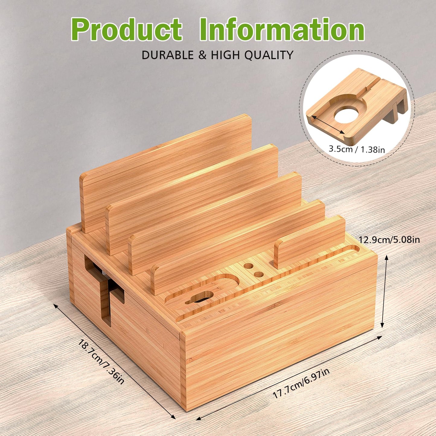 Pezin & Hulin Bamboo Charging Station Holder with 5 Port USB Charger, 5 x Charge Cables, Watch Stand, Wood Docking Stand Electronic Organizer for Multiple Devices, Phones, Tablets and Earpods