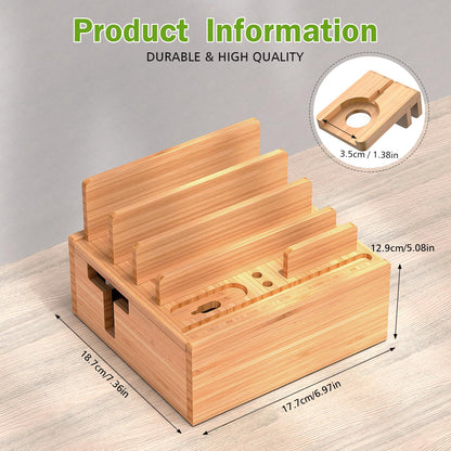Pezin & Hulin Bamboo Charging Station Holder with 5 Port USB Charger, 5 x Charge Cables, Watch Stand, Wood Docking Stand Electronic Organizer for Multiple Devices, Phones, Tablets and Earpods