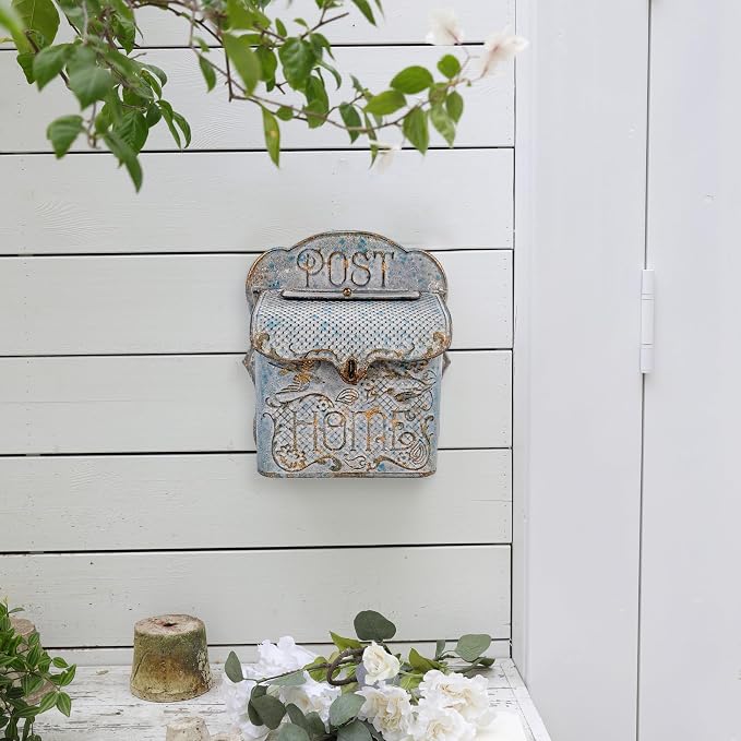 BIG FORTUNE Wall Mount Mailbox for House Outside Vintage Metal Door Mailbox Antique Style Nostalgic Charm Home Decor Garden Vintage English Cottage Decor Flower Patter (Grey)