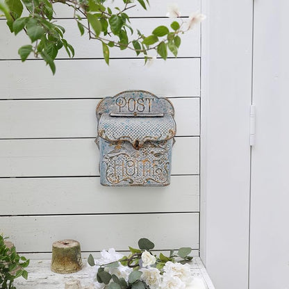 BIG FORTUNE Wall Mount Mailbox for House Outside Vintage Metal Door Mailbox Antique Style Nostalgic Charm Home Decor Garden Vintage English Cottage Decor Flower Patter (Grey)