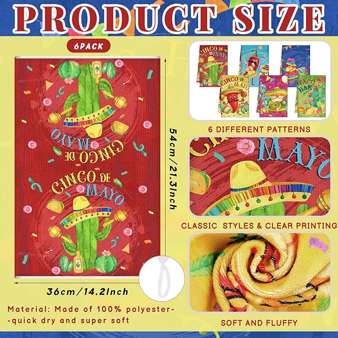 Breling Set of 6 Mexican Kitchen Towels Fiesta Taco Cactus Chili Dish Towel