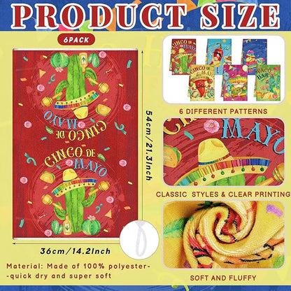 Breling Set of 6 Mexican Kitchen Towels Fiesta Taco Cactus Chili Dish Towel