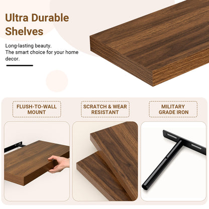 Feihorrm 24 Inch Floating Shelves, 12 Inch Deep Floating Shelves for Wall, Extra Deeper & Thicker Wooden Wall Shelf with Invisible Brackets, Shelf for Bedroom Living Room Home Decor（Walnut, Set of 2）