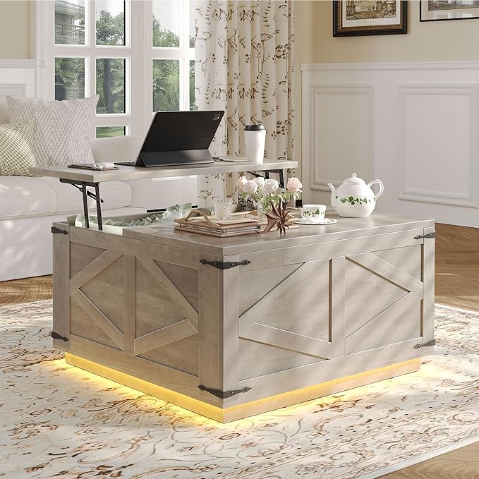 Jocoevol Farmhouse Lift Top Coffee Table, Square Wood Center Table with LED Lighting, USB-C Charging Station, and Hidden Storage Compartment - Rustic Grey Living Room Furniture