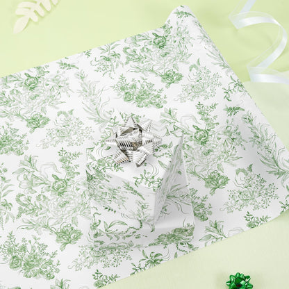 WERNNSAI Green Wrapping Paper Roll - 1 Roll 17”x 33 ft Vintage Floral Wrapping Paper Green Flower Bouquet Gift Wrap for Girls Women Birthday Bridal Shower Wedding Supplies