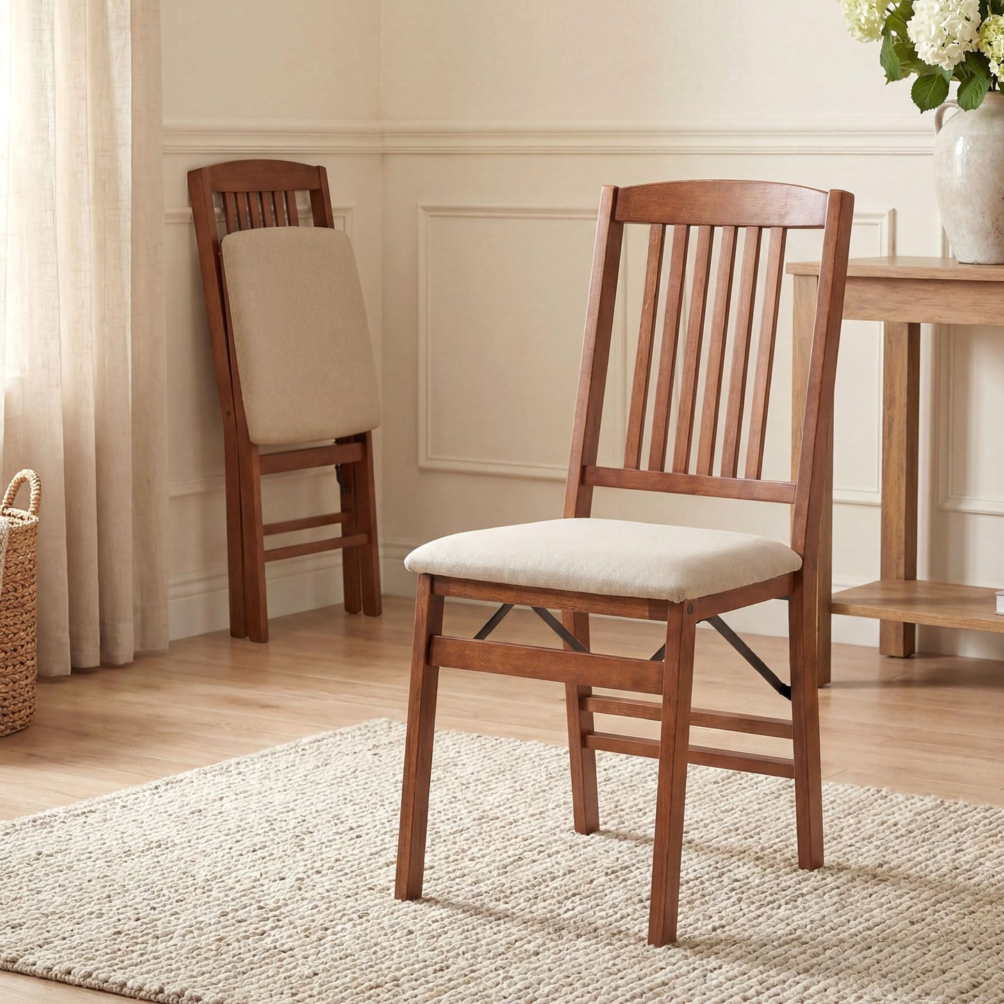 COSTWAY Folding Dining Chairs Set of 2, Wooden Kitchen Side Chairs w/Padded Seat, Solid Wood Frame, 420 LBS Load Bearing, No Assembly Needed, Vintage Foldable Chairs for Dining Room, Living Room