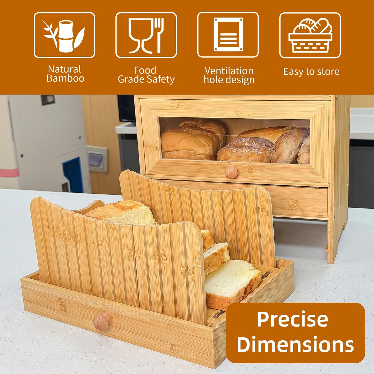 Aromfentu Bamboo Bread Box for Kitchen Countertop & Dining Room,Wooden Storage with Display Compartment & Built-in Bread Slicer,Eco-Friendly Organizer for Homemakers, Bakers & Bread Lovers ﻿