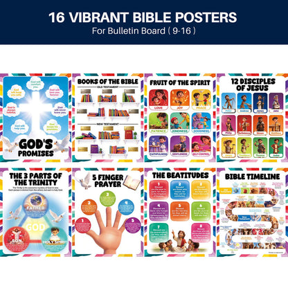 16pcs Bible Posters for Kids, 11x14in Sunday School Decorations for Classroom, Laminated Christian Wall Art with Glue Dots, Waterproof Books of the Bible Scripture Educational Prints for Homeschool