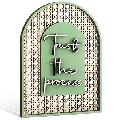 Honoson Boho Shelf Decor Trust The Process Wooden Standing Sign Inspirational Hollow Arched Table Decoration Sage Green Natural Wood Tabletop Decoration for Home Office Bedroom Living Room Shelf Decor