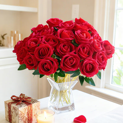 HyeFlora 50 PCS Red Roses Artificial Flowers, Fake Roses with Stems Realistic Silk Roses for DIY Wedding Bouquets Tables Centerpieces Arrangements Party Baby Shower Birthday Home Decor Gift for Her