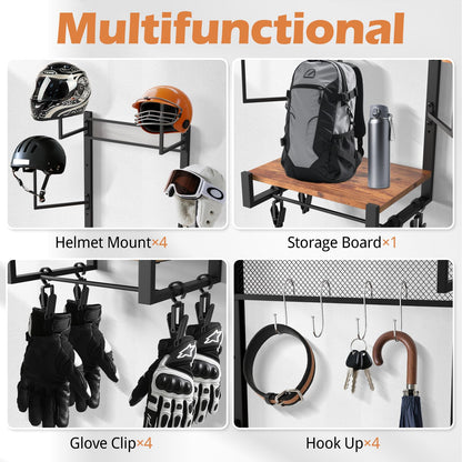 TheElves Motorcycle Helmet Holder Wall Mount, Heavy-Duty Helmet Rack with 4 Helmet Holder & 4 Glove Clips & 4 Hooks, Rustic Wooden Motorcycle Gear Storage Organizer for Helmets, Jackets, Accessories