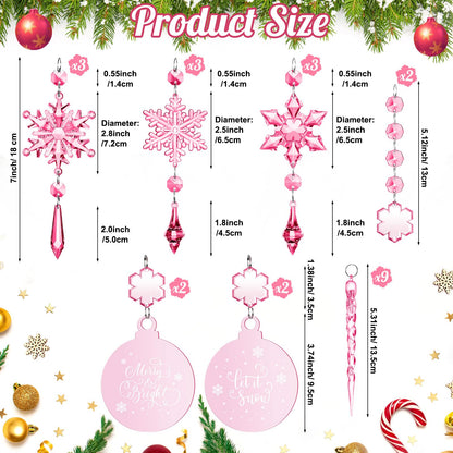 Cinnvoice 24 Pcs Christmas Pink Acrylic Snowflake Ornaments Decoration Set, Crystal Christmas Tree Hanging Pink Clear Flat Ornaments for Xmas Winter Holiday Craft Party Celebration