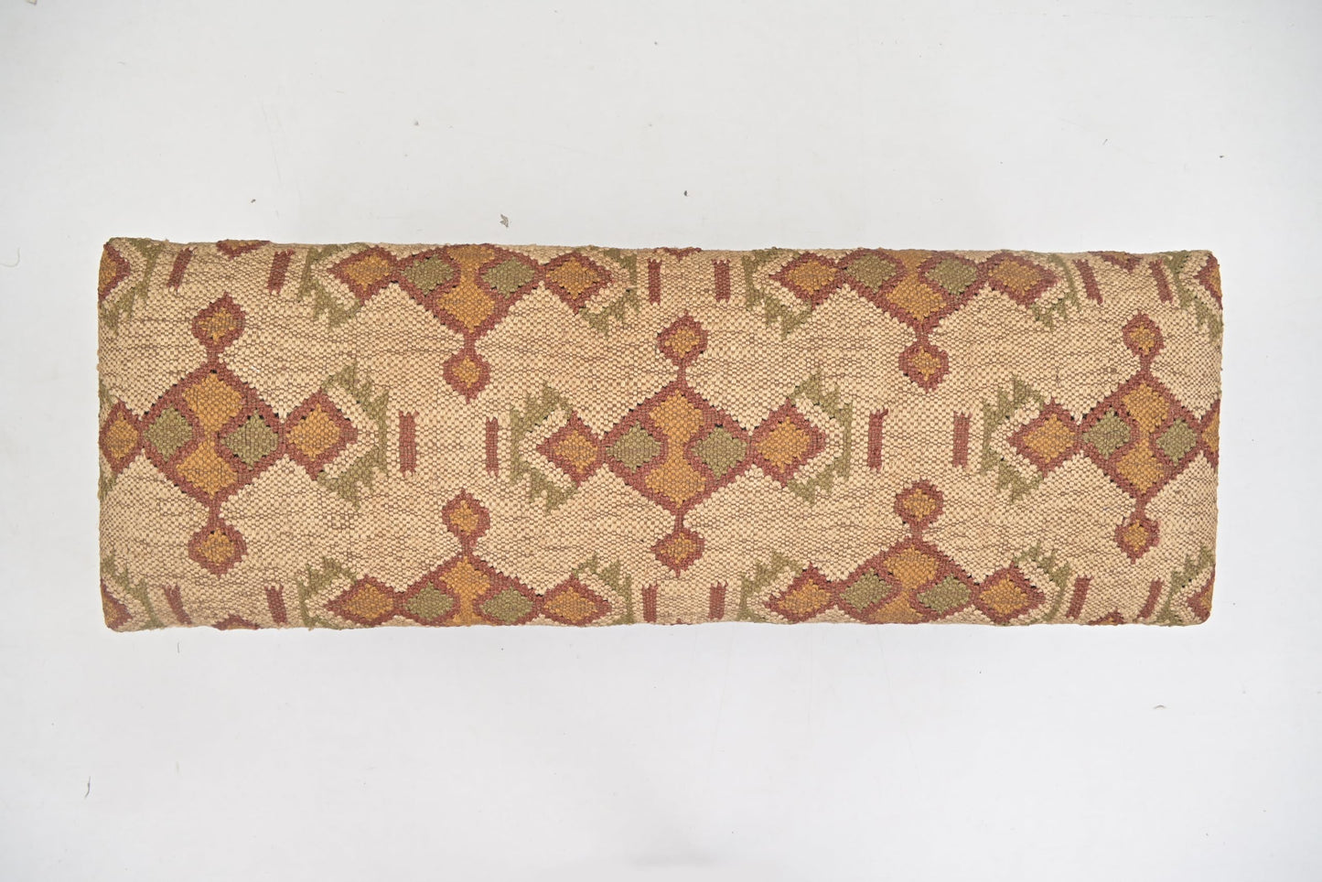 NATURAL FURNISH Acacia Wood Kilim Jute Fabric Upholstered Bench with Geometric Pattern | Wooden Ottoman with Turned KD Legs for Living Room, Bedroom, End of Bed, Hallway & Entryway (Beige and Rust)